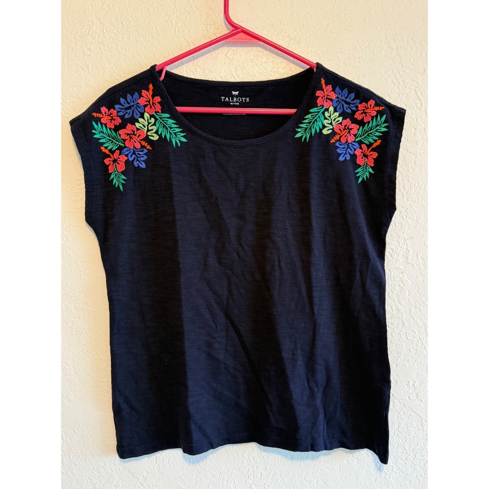 Talbots Petites Navy Blue Slub Cotton Floral Embroidered Top Size SP